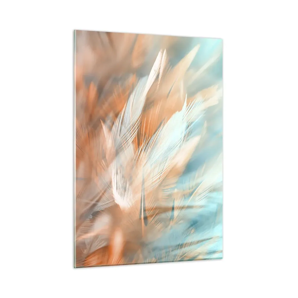 Impression sur verre - Image sur verre - Plumes délicates dans des tons pastel turquoise et pêche - 50x70cm - Au pays de la douceur - Décoration murale moderne pour le salon et la chambre ARTTOR