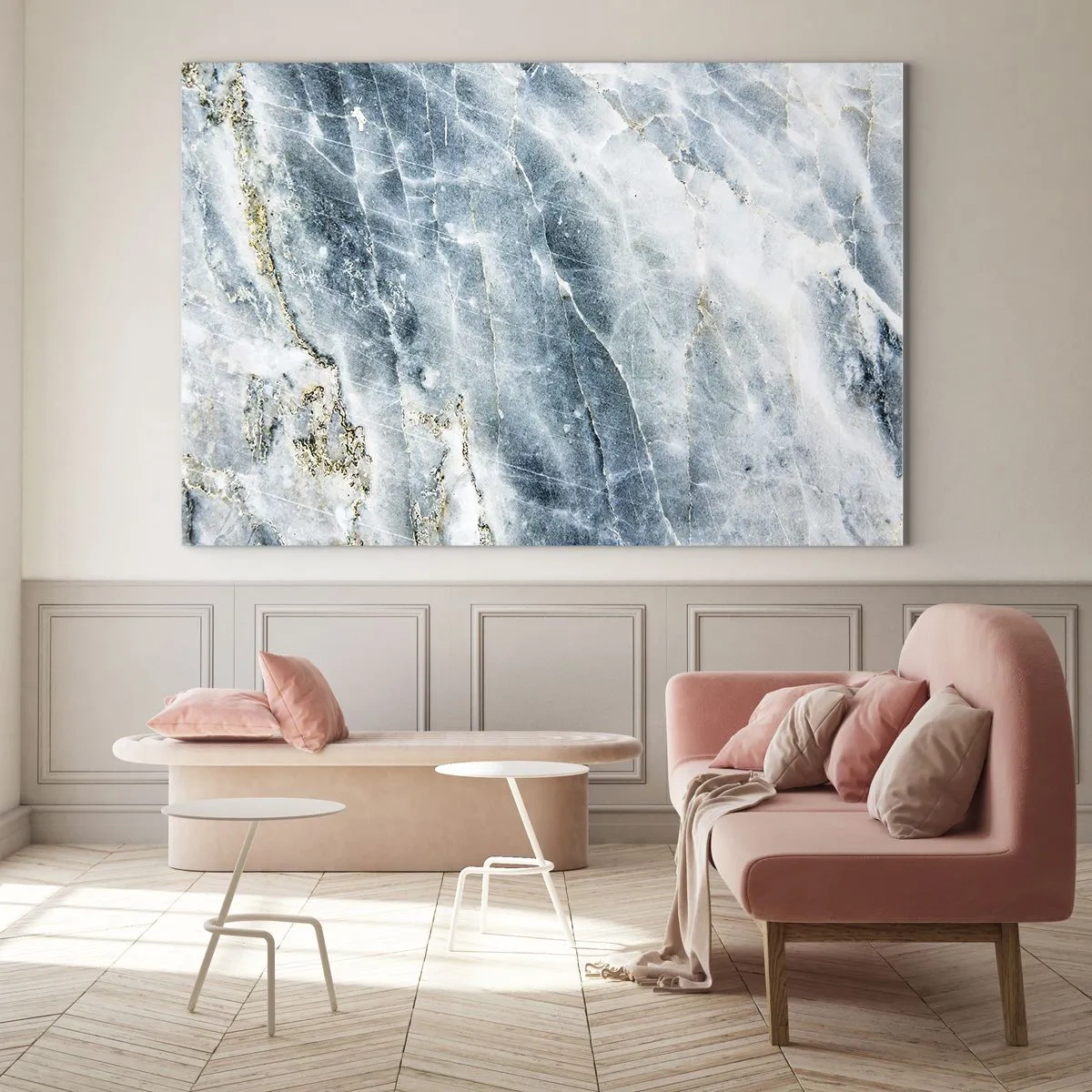 Impression sur verre - Image sur verre - Texture abstraite de marbre de glace dans des tons de bleu et de blanc - 100x70cm - Monde de glace - Décoration murale moderne pour le salon et la chambre ARTTOR