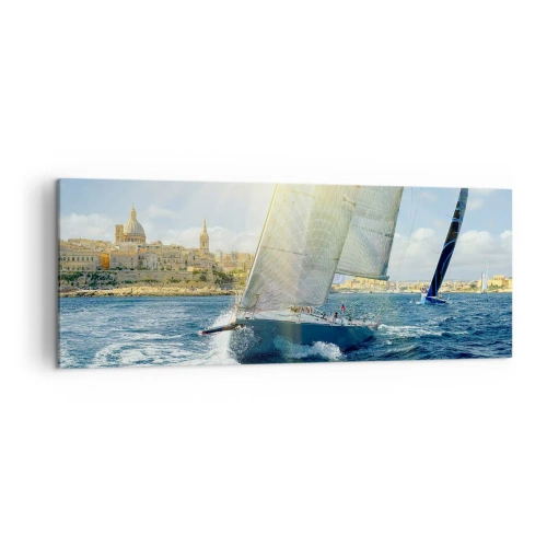 Impression sur toile - Image sur toile - Course de yachts sur fond de côte ensoleillée - 140x50cm - Il est temps de quitter la ville - Décoration murale moderne pour le salon et la chambre ARTTOR
