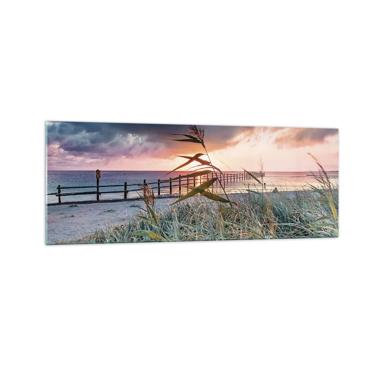 Impression sur verre - Image sur verre - Plage au coucher du soleil avec des herbes au premier plan - 140x50cm - Ça ne passe pas avec le vent - Décoration murale moderne pour le salon et la chambre ARTTOR