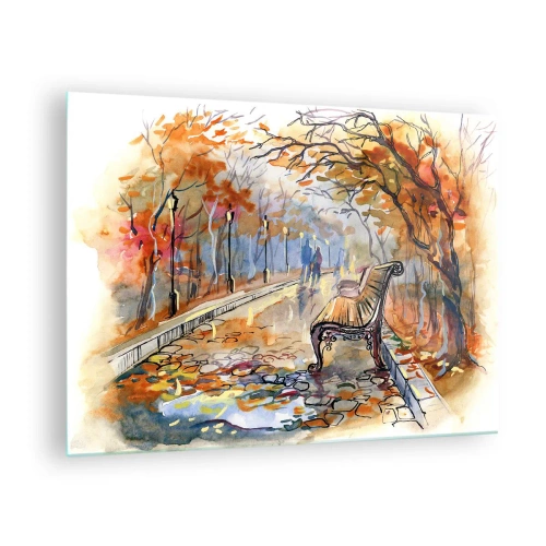 Impression sur verre - Image sur verre - Une allée d'automne avec un banc dans un style aquarelle artistique - 70x50cm - Errer ensemble à l'automne - Décoration murale moderne pour le salon et la chambre ARTTOR