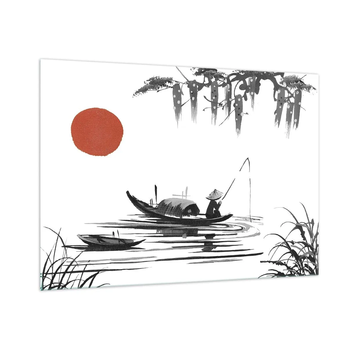 Impression sur verre - Image sur verre - Bateau de pêche traditionnel sur une rivière avec un soleil rouge - 100x70cm - Après-midi asiatique - Décoration murale moderne pour le salon et la chambre ARTTOR