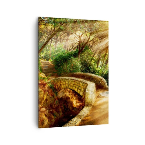 Impression sur toile - Image sur toile - Paysage forestier avec des rayons de soleil et un pont de pierre - 50x70cm - Directement du pont dans une forêt de conte de fées - Décoration murale moderne pour le salon et la chambre ARTTOR