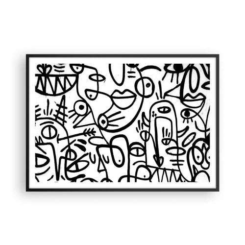 Affiche dans un cadre noir - Poster - Dessins abstraits en noir et blanc avec des motifs faciaux - 100x70cm - Visages et mirages - Décoration murale moderne pour le salon et la chambre ARTTOR