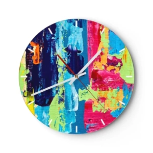 Horloge murale - Pendule murale - Coups de peinture abstraits colorés sur un cadran rond - 30x30cm - La vie est belle! - Décoration murale moderne pour le salon, la cuisine et la chambre ARTTOR