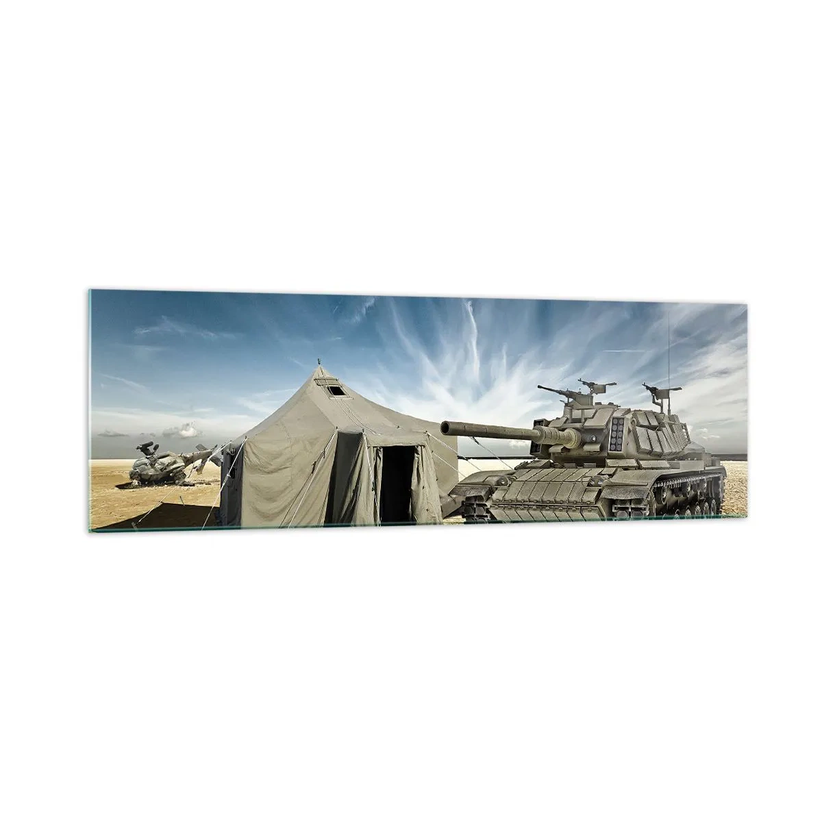 Impression sur verre - Image sur verre - Un char à côté d'une tente militaire dans une zone désertique - 160x50cm - Un rêve militaire - Décoration murale moderne pour le salon et la chambre ARTTOR