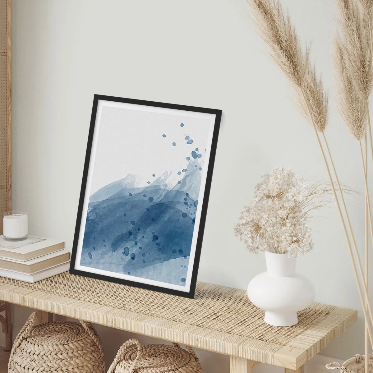 Affiche dans un cadre noir - Poster - Vagues aquarelles dans des tons de bleu - 50x70cm - Tulle bleu - Décoration murale moderne pour le salon et la chambre ARTTOR