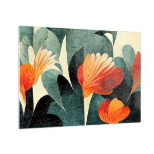 Impression sur verre - Image sur verre - Fleurs orange sur fond de feuilles vert foncé - 70x50cm - La chaleur des tropiques et la fraîcheur de la verdure - Décoration murale moderne pour le salon et la chambre ARTTOR
