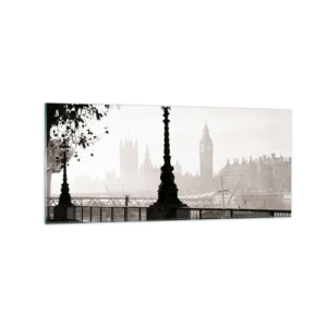Impression sur verre - Image sur verre - Une vue monochrome de Big Ben et de la Tamise. - 120x50cm - Un matin londonien - Décoration murale moderne pour le salon et la chambre ARTTOR