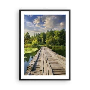 Affiche dans un cadre noir - Poster - Un pont en bois sur une rivière entourée de verdure - 50x70cm - L'été, l'été partout - Décoration murale moderne pour le salon et la chambre ARTTOR