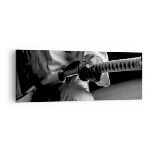 Impression sur toile - Image sur toile - Un samouraï en kimono tenant un katana en noir et blanc. - 140x50cm - Âme de guerrier - Décoration murale moderne pour le salon et la chambre ARTTOR