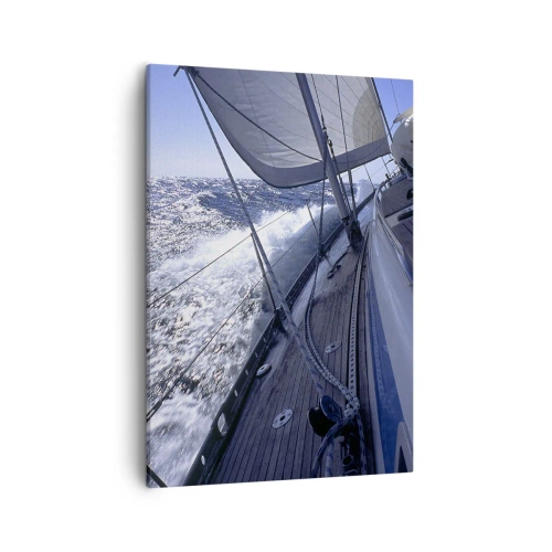 Impression sur toile - Image sur toile - Un voilier dans une mer agitée avec des voiles blanches et un pont en bois. - 50x70cm - Je sais ce que c'est d'être un oiseau - Décoration murale moderne pour le salon et la chambre ARTTOR