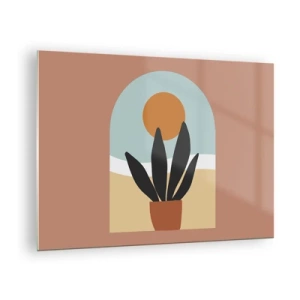 Impression sur verre - Image sur verre - Une scène abstraite avec une plante en pot et le soleil en arrière-plan, dans des couleurs pastel. - 70x50cm - Petits bonheurs - Décoration murale moderne pour le salon et la chambre ARTTOR