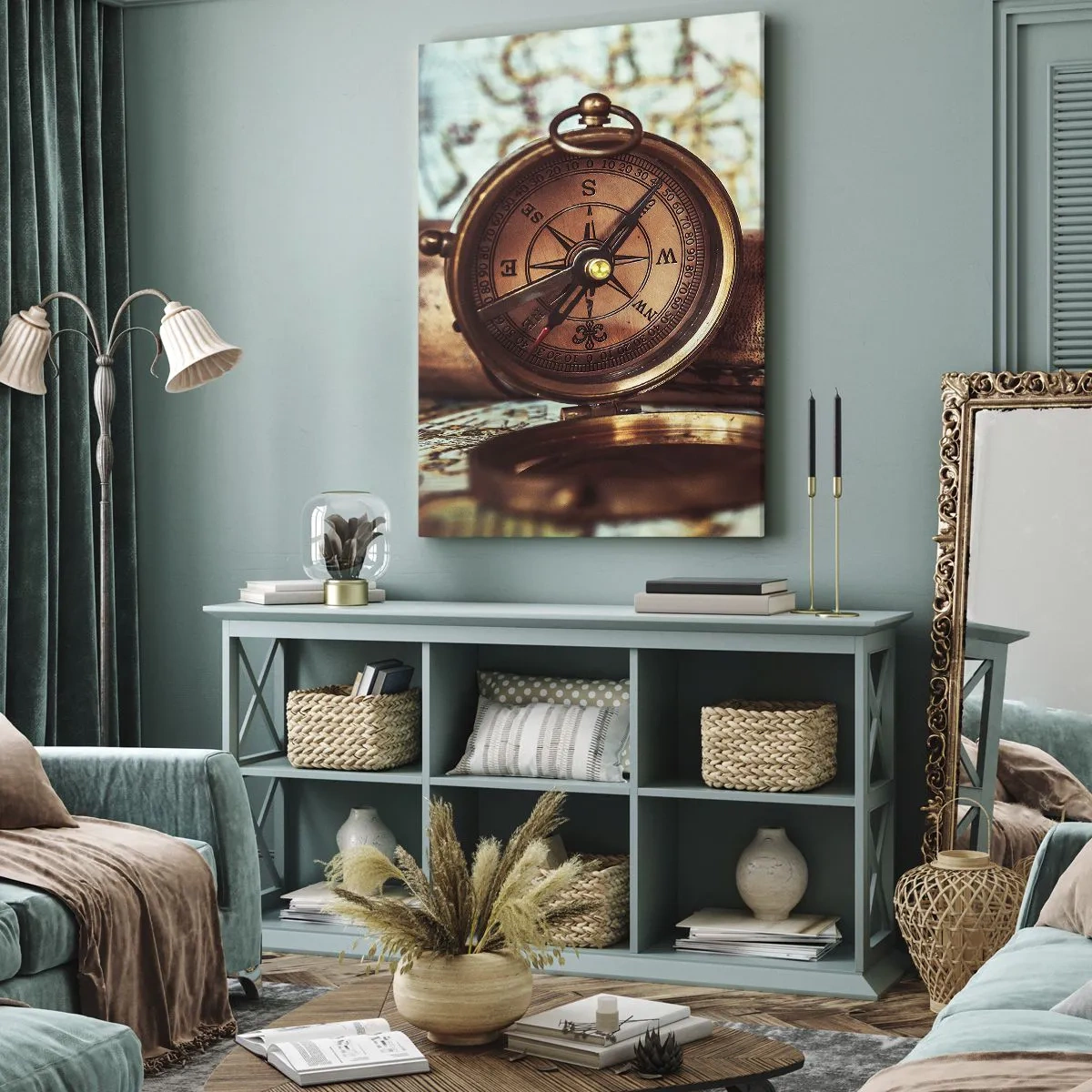 Impression sur toile - Image sur toile - Un ensemble rétro avec une boussole, un télescope et une carte sur le thème du voyage - 70x100cm - Une aventure de pirates dans les Caraïbes vous attend - Décoration murale moderne pour le salon et la chambre ARTTO