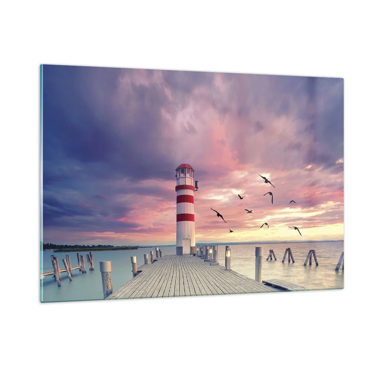 Impression sur verre - Image sur verre - Phare sur la jetée au coucher du soleil avec des oiseaux qui volent - 120x80cm - C'est l'heure d'aller au port - Décoration murale moderne pour le salon et la chambre ARTTOR