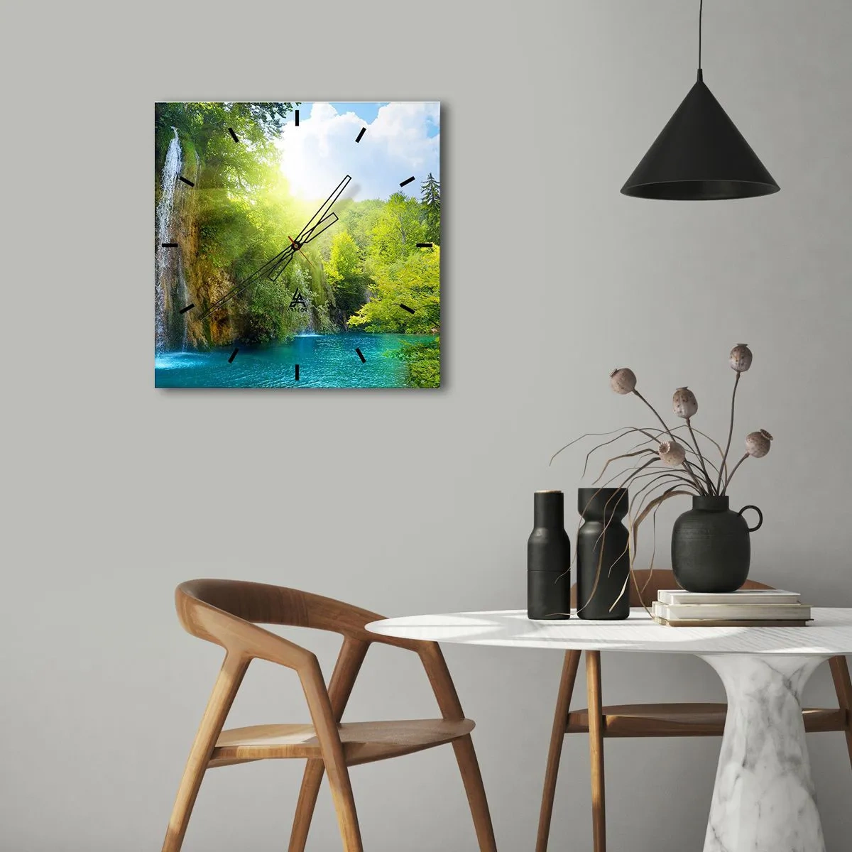 Horloge murale - Pendule murale - Une cascade se jetant dans un lac turquoise entouré de verdure - 30x30cm - Ce doit être le paradis ici - Décoration murale moderne pour le salon et la chambre ARTTOR