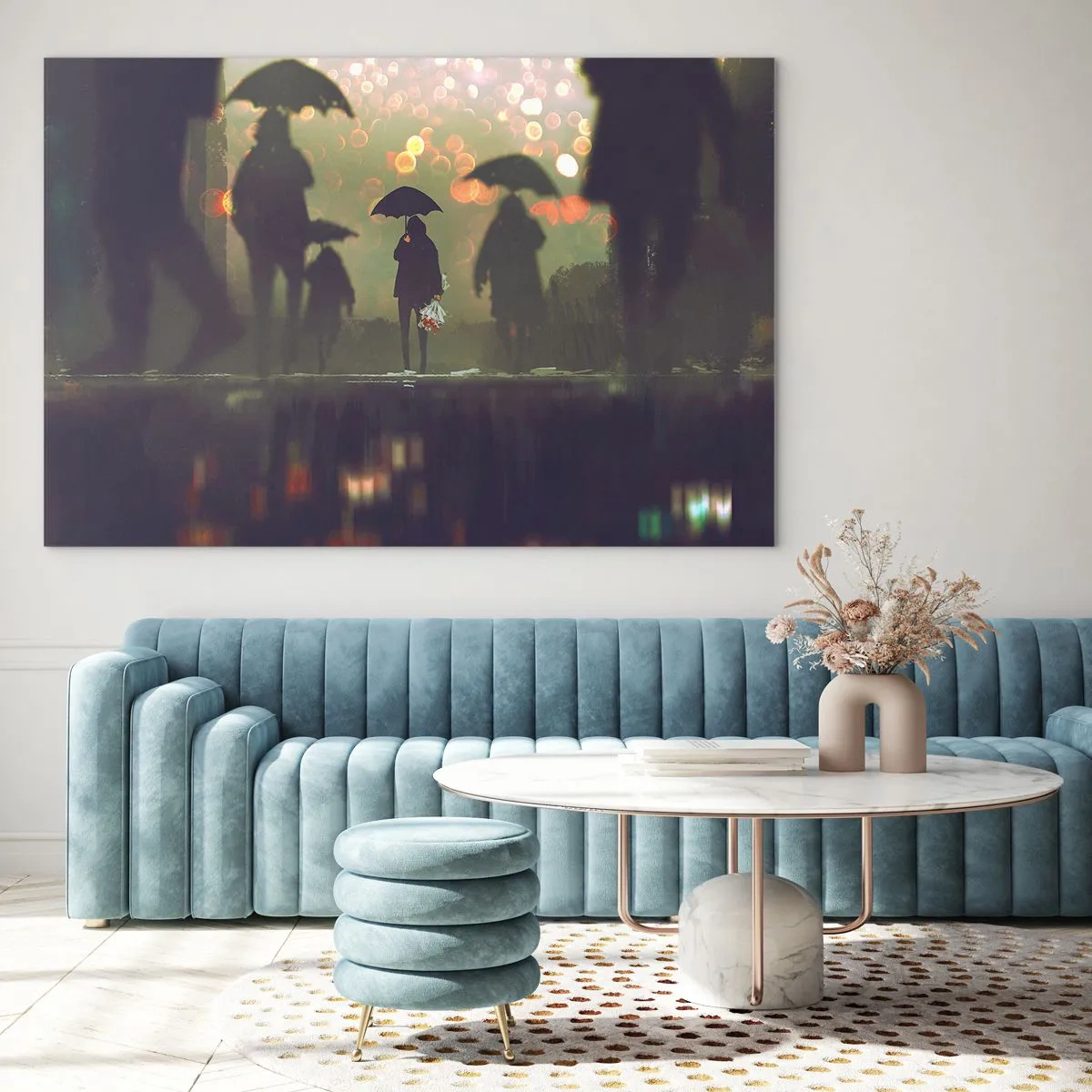 Impression sur verre - Image sur verre - Personnages avec parapluies sous la pluie sur fond de lumières de la ville - 120x80cm - Du point de vue d'une goutte de pluie - Décoration murale moderne pour le salon et la chambre ARTTOR