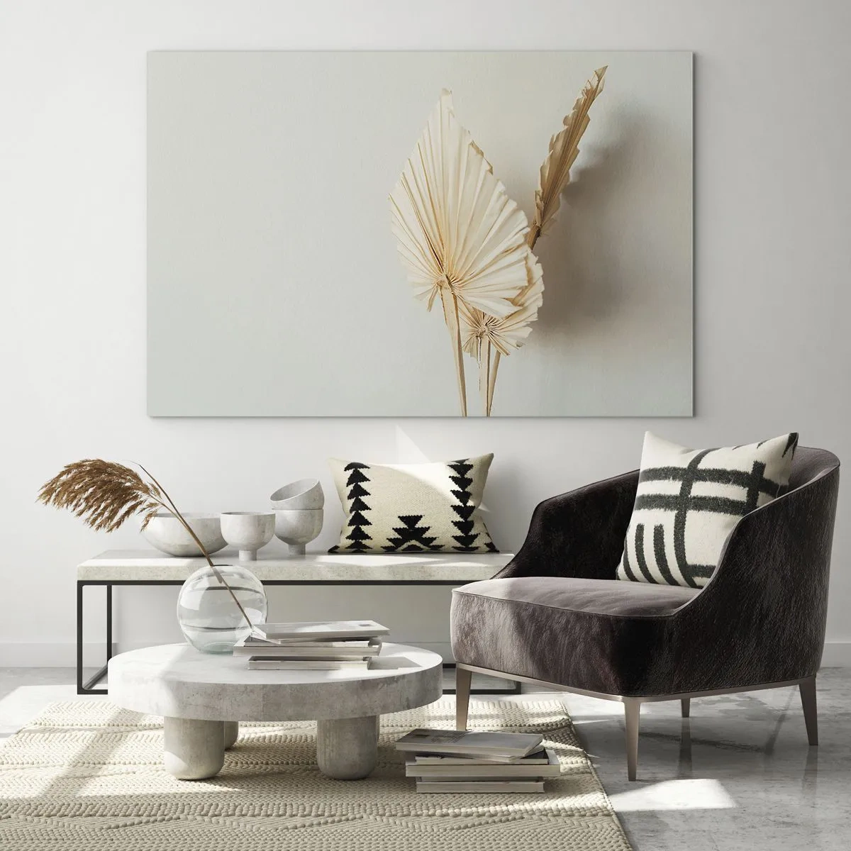 Impression sur verre - Image sur verre - Feuilles de palmier séchées dans des tons beiges sur fond clair - 120x80cm - Quand tu dois t’apaiser - Décoration murale moderne pour le salon et la chambre ARTTOR