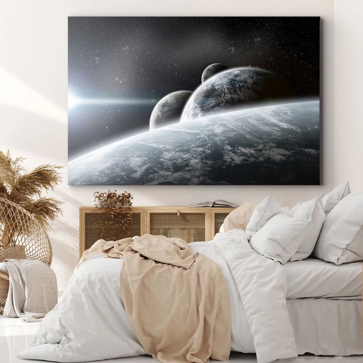 Impression sur toile - Image sur toile - Planètes dans l'espace sur fond d'étoiles et de galaxies - 120x80cm - Musique cosmique des sphères - Décoration murale moderne pour le salon et la chambre ARTTOR