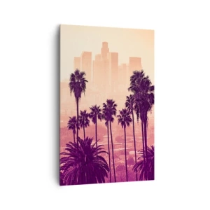 Impression sur toile - Image sur toile - Palmiers sur fond de paysage urbain aux couleurs chaudes - 80x120cm - Paysage californien - Décoration murale moderne pour le salon et la chambre ARTTOR