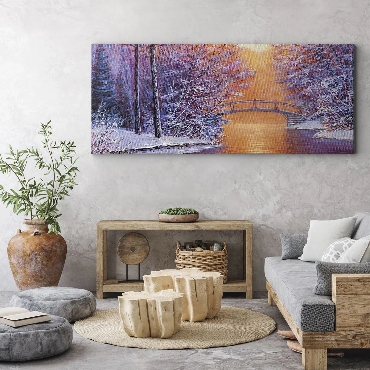 Impression sur toile - Image sur toile - Paysage d'hiver avec un pont et un coucher de soleil - 120x50cm - On se rencontre ici - Décoration murale moderne pour le salon et la chambre ARTTOR