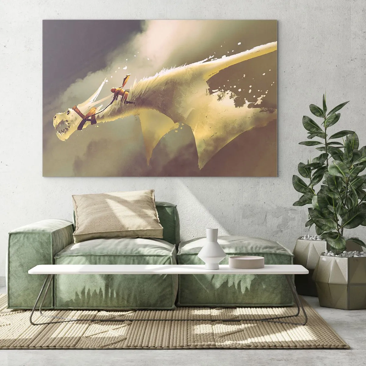 Impression sur verre - Image sur verre - Une silhouette sur le dos d'un dragon blanc dans un paysage brumeux - 120x80cm - Le monde à la rescousse - Décoration murale moderne pour le salon et la chambre ARTTOR