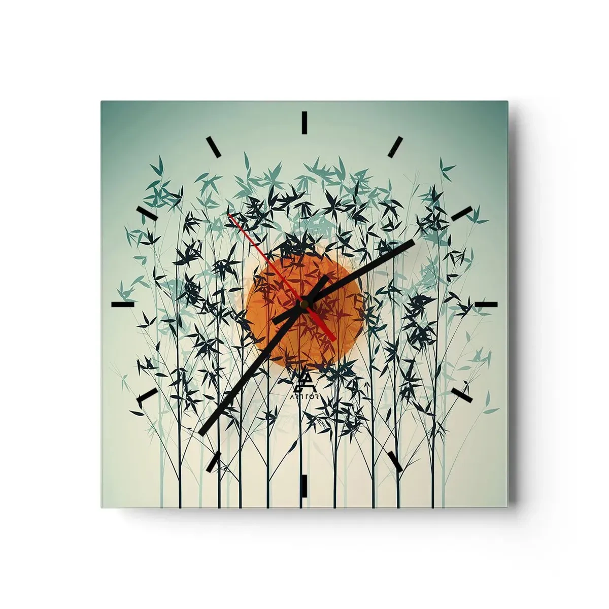 Horloge murale - Pendule murale - Soleil orange parmi les branches de bambou - 30x30cm - Soleil japonnais - Décoration murale moderne pour le salon et la chambre ARTTOR