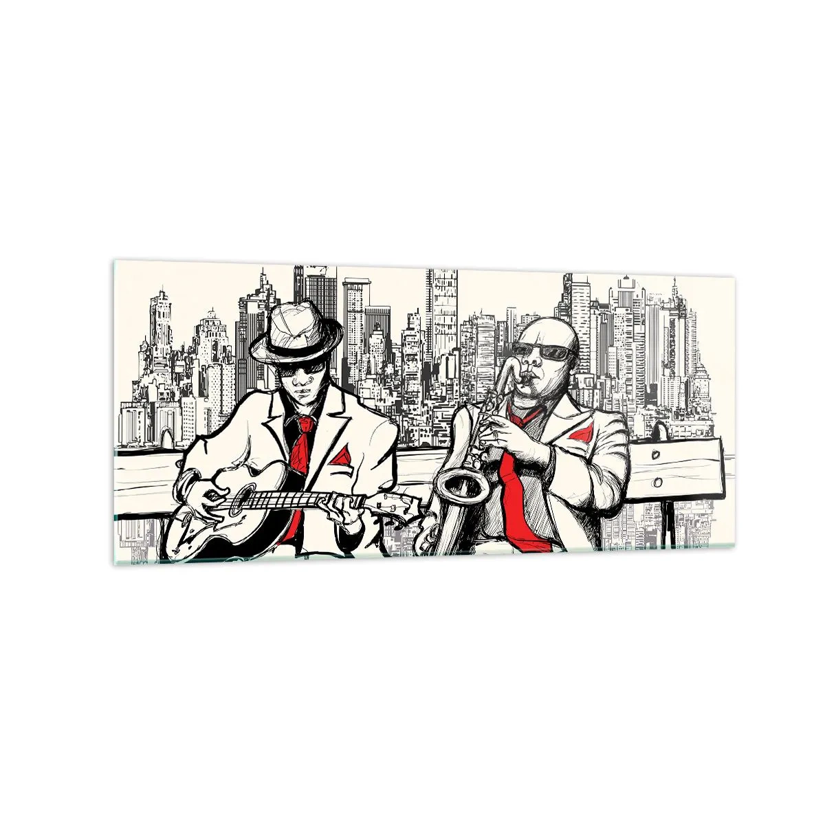 Impression sur verre - Image sur verre - Un duo de jazz avec saxophone et guitare sur fond de ville - 120x50cm - improvisation new-yorkaise - Décoration murale moderne pour le salon et la chambre ARTTOR