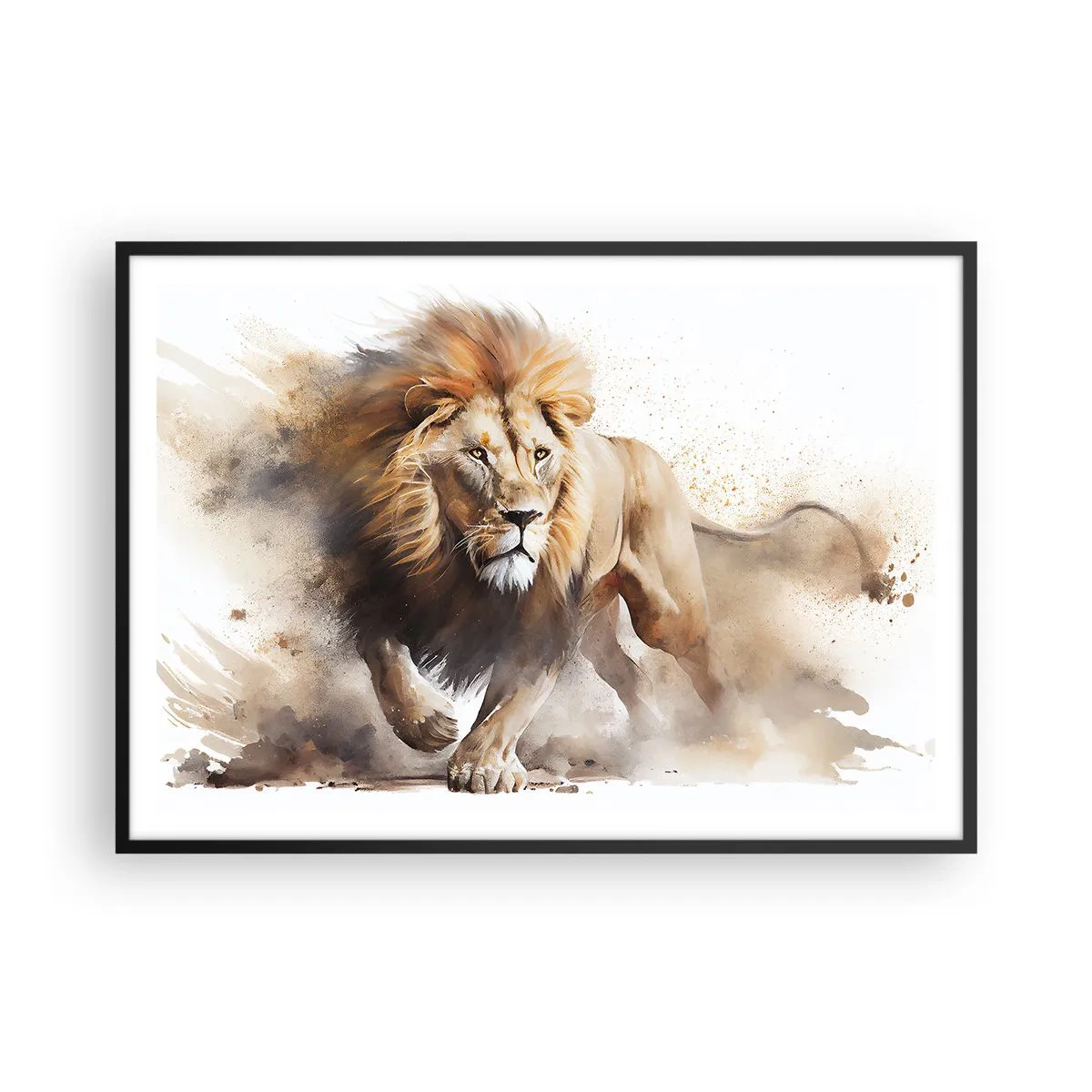 Affiche dans un cadre noir - Poster - Un portrait dynamique d'un lion aux couleurs naturelles. - 100x70cm - Le roi bougea - Décoration murale moderne pour le salon et la chambre ARTTOR