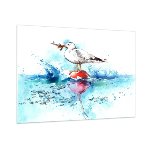 Impression sur verre - Image sur verre - Une mouette sur une bouée avec un poisson en arrière-plan des vagues de la mer - 100x70cm - Prise réussie - Décoration murale moderne pour le salon et la chambre ARTTOR