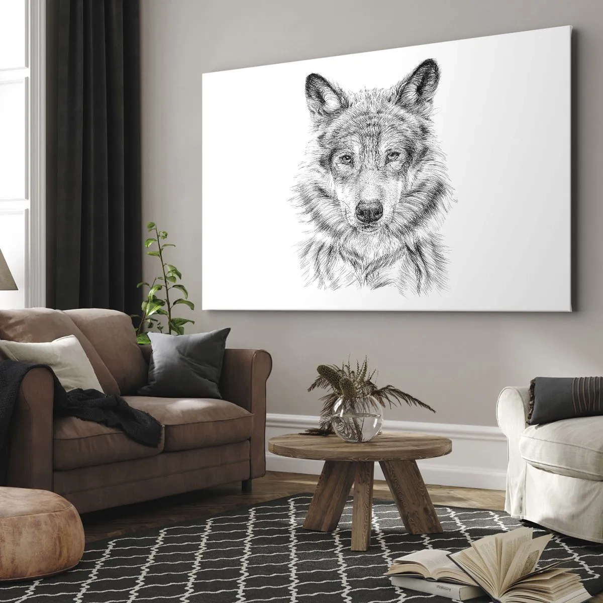 Impression sur toile - Image sur toile - Croquis d'une tête de loup dans un style monochrome sur fond blanc - 100x70cm - Un leader né - Décoration murale moderne pour le salon et la chambre ARTTOR