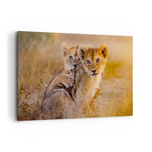 Impression sur toile - Image sur toile - Adorables lionceaux dans leur environnement naturel - 120x80cm - Ne pas déranger! On s'amuse - Décoration murale moderne pour le salon et la chambre ARTTOR