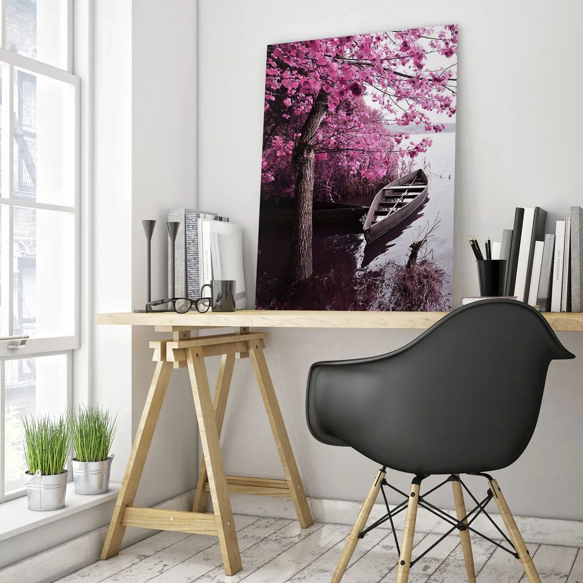 Impression sur verre - Image sur verre - Un bateau au bord d'un lac parmi des arbres roses - 80x120cm - Dans un silence rose - Décoration murale moderne pour le salon et la chambre ARTTOR