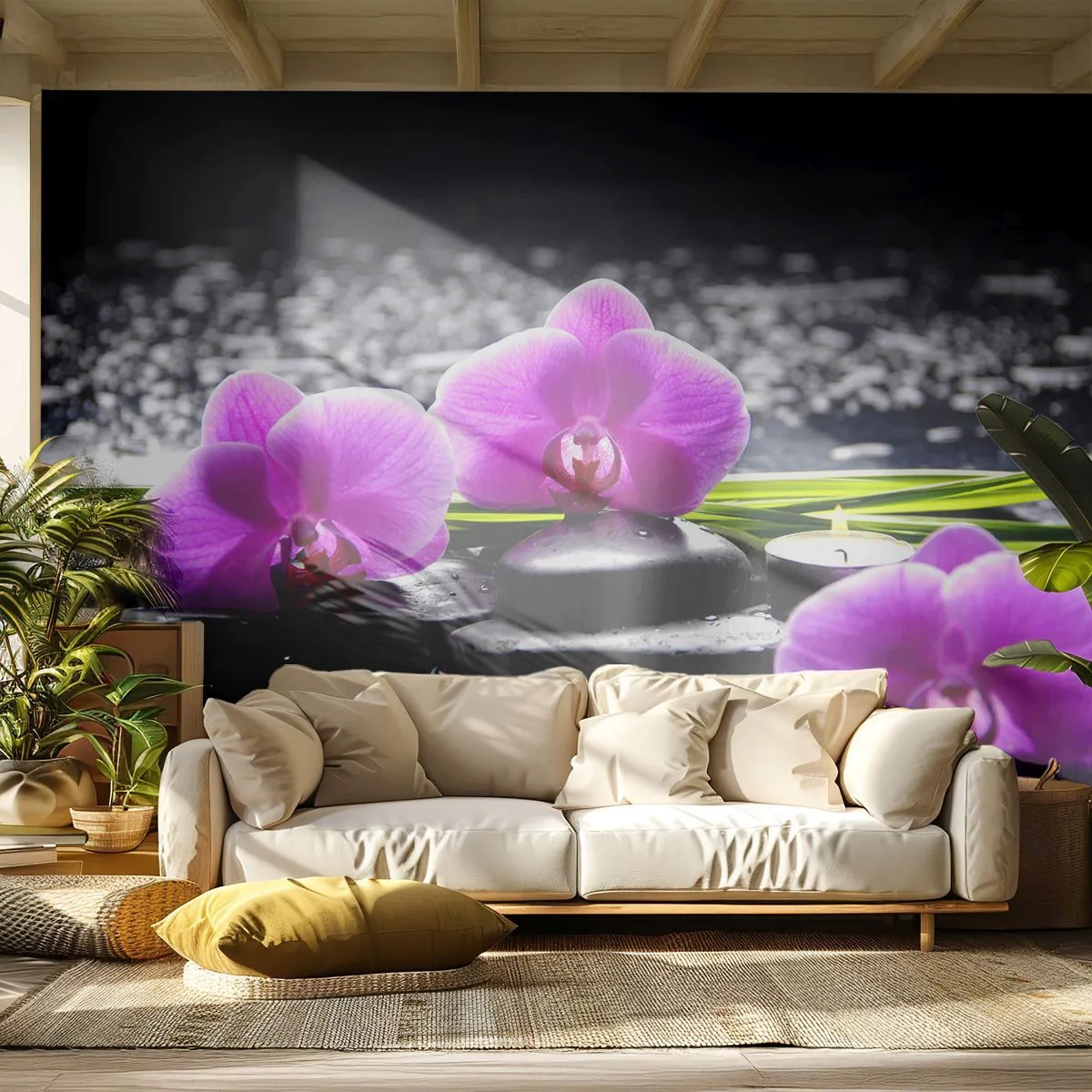 Papier Peint Photo Premium Sand - Orchidées violettes sur pierres noires avec bougies - 100x70cm - Se noyer dans la paix et la tranquillité - Décoration murale moderne pour le salon et la chambre ARTTOR