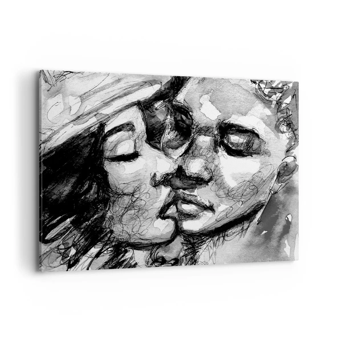 Impression sur toile - Image sur toile - Une aquarelle en noir et blanc représentant un moment intime entre deux personnes. - 100x70cm - Un moment tendre - Décoration murale moderne pour le salon et la chambre ARTTOR