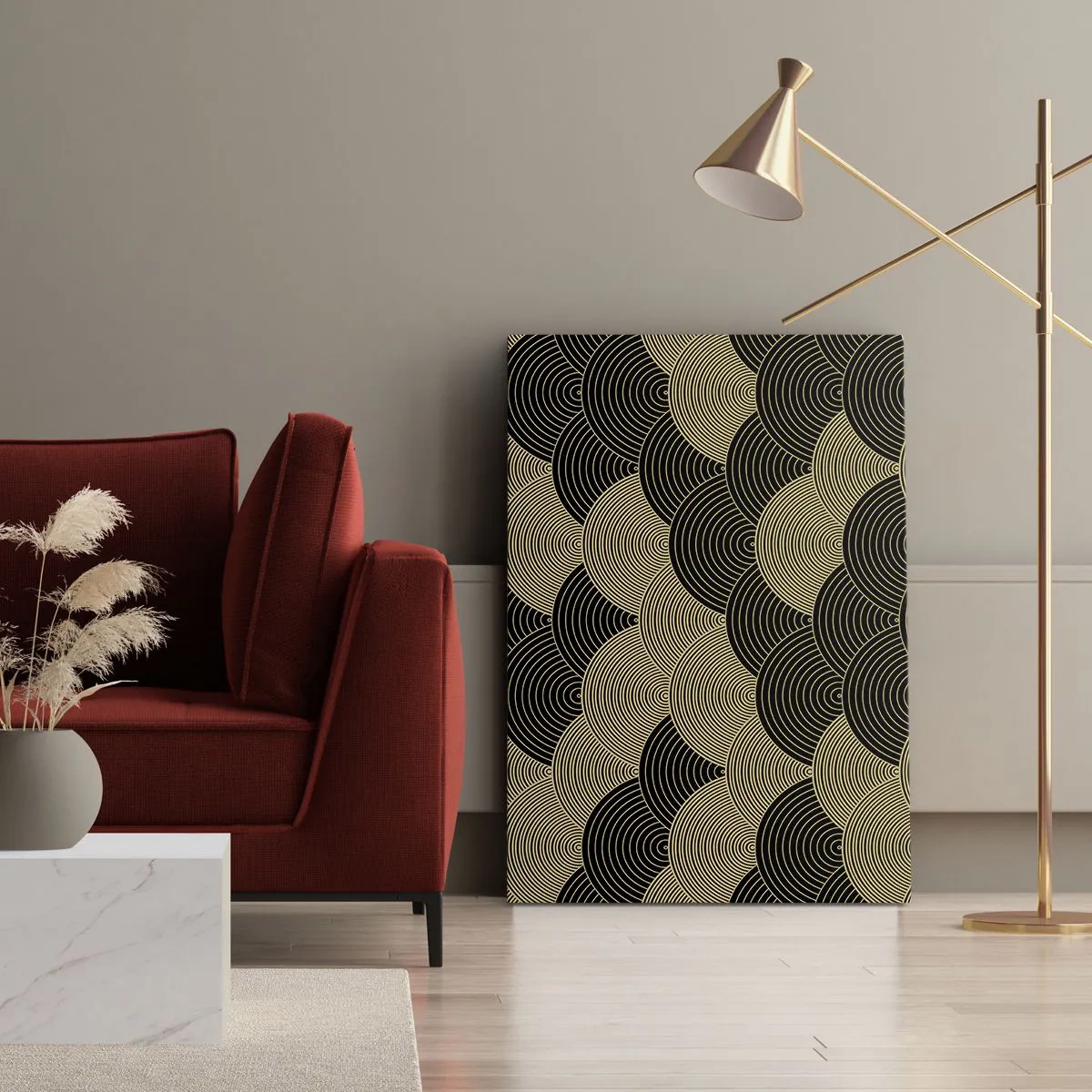 Impression sur toile - Image sur toile - Motif Art Déco avec demi-cercles et lignes dorées - 70x100cm - Unité dans la multiplicité - Décoration murale moderne pour le salon et la chambre ARTTOR