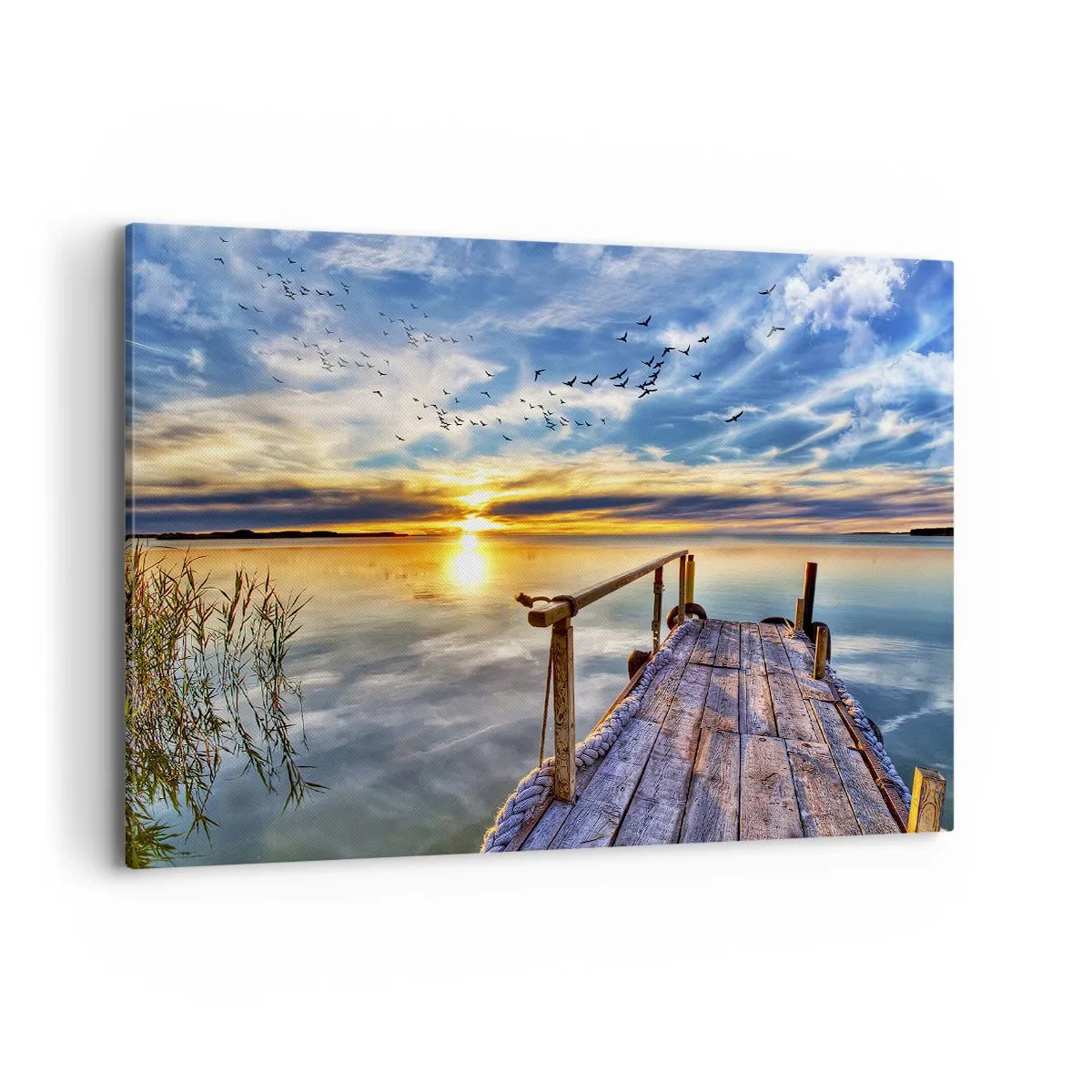 Impression sur toile - Image sur toile - Jetée en bois sur le lac au coucher du soleil - 120x80cm - Le vent se repose - Décoration murale moderne pour le salon et la chambre ARTTOR