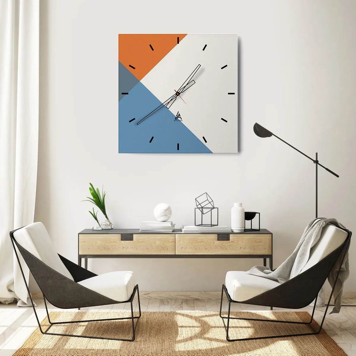 Horloge murale - Pendule murale - Triangles géométriques dans les tons de bleu et d'orange - 30x30cm - Sous cette angle.... - Décoration murale moderne pour le salon et la chambre ARTTOR