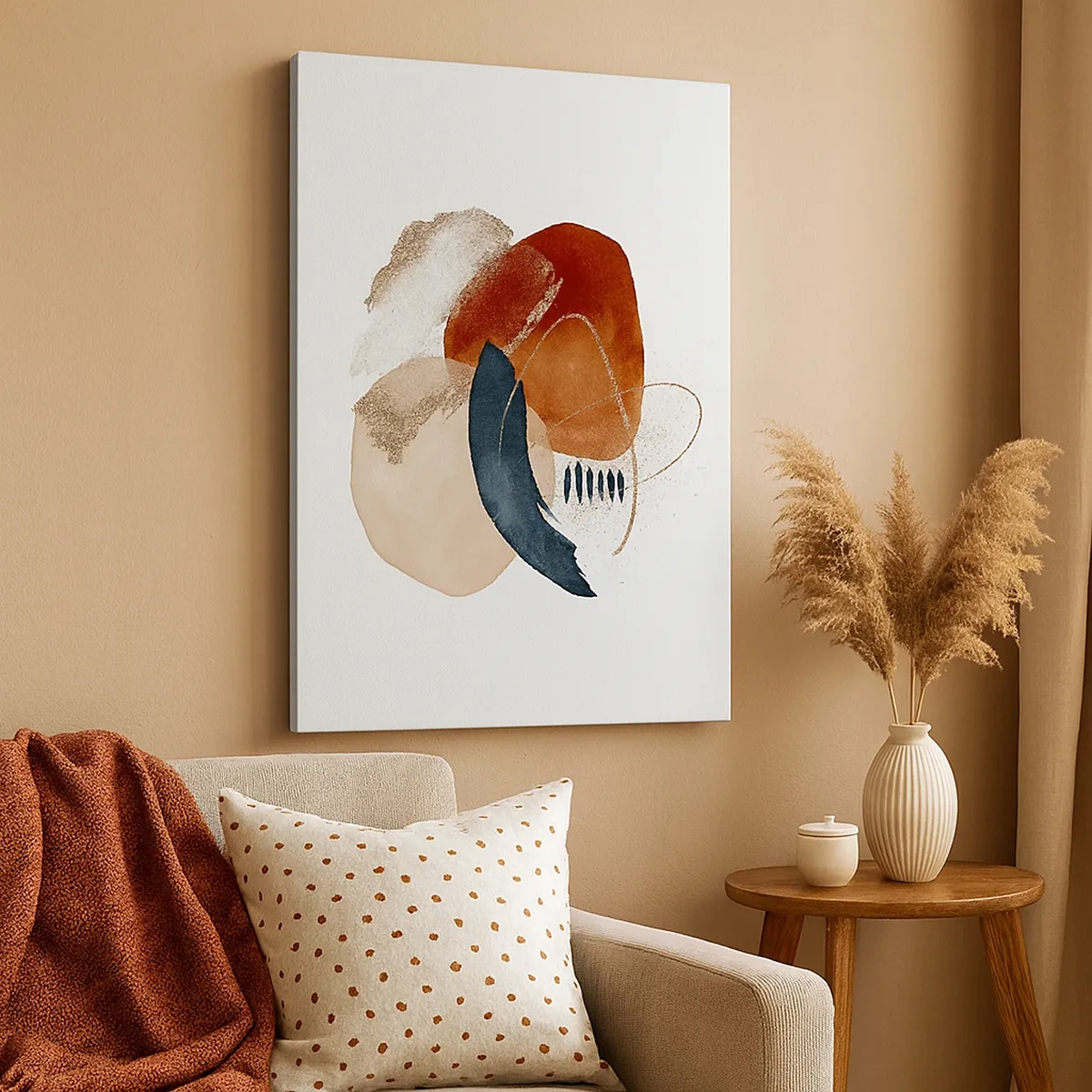 Impression sur toile - Image sur toile - Une composition abstraite avec des taches dans des tons terreux et bleu marine. - 50x70cm - Composition ovale - Décoration murale moderne pour le salon et la chambre ARTTOR