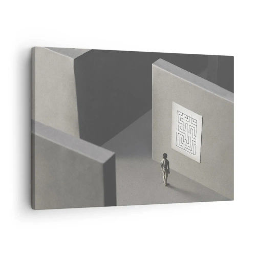 Impression sur toile - Image sur toile - Une figure dans un labyrinthe regardant une carte suspendue - 70x50cm - Mais où suis-je? - Décoration murale moderne pour le salon et la chambre ARTTOR
