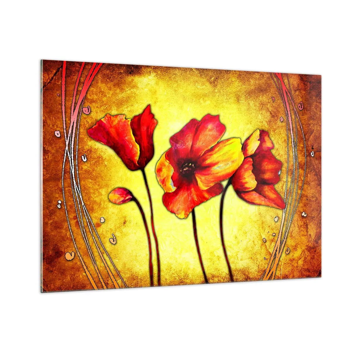 Impression sur verre - Image sur verre - Coquelicots rouges sur un fond de nuances dorées avec des détails artistiques - 100x70cm - Dans la décoration Art Nouveau - Décoration murale moderne pour le salon et la chambre ARTTOR