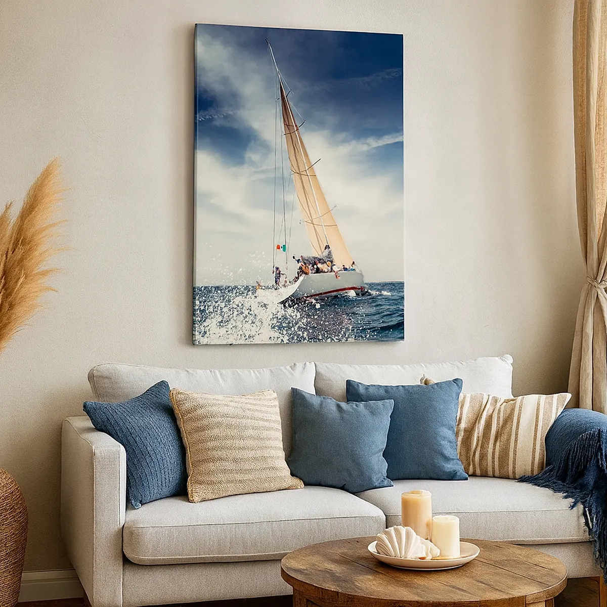 Impression sur toile - Image sur toile - Un voilier sur une mer agitée sous un ciel bleu - 50x70cm - Ils ne nous rattraperont pas ! - Décoration murale moderne pour le salon et la chambre ARTTOR