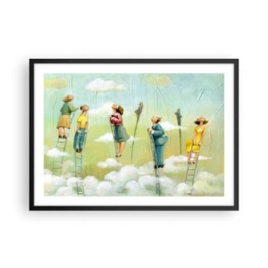 Affiche dans un cadre noir - Poster - Personnages grimpant sur des échelles parmi des nuages sur un fond pastel. - 70x50cm - Derrière ton rêve - Décoration murale moderne pour le salon et la chambre ARTTOR