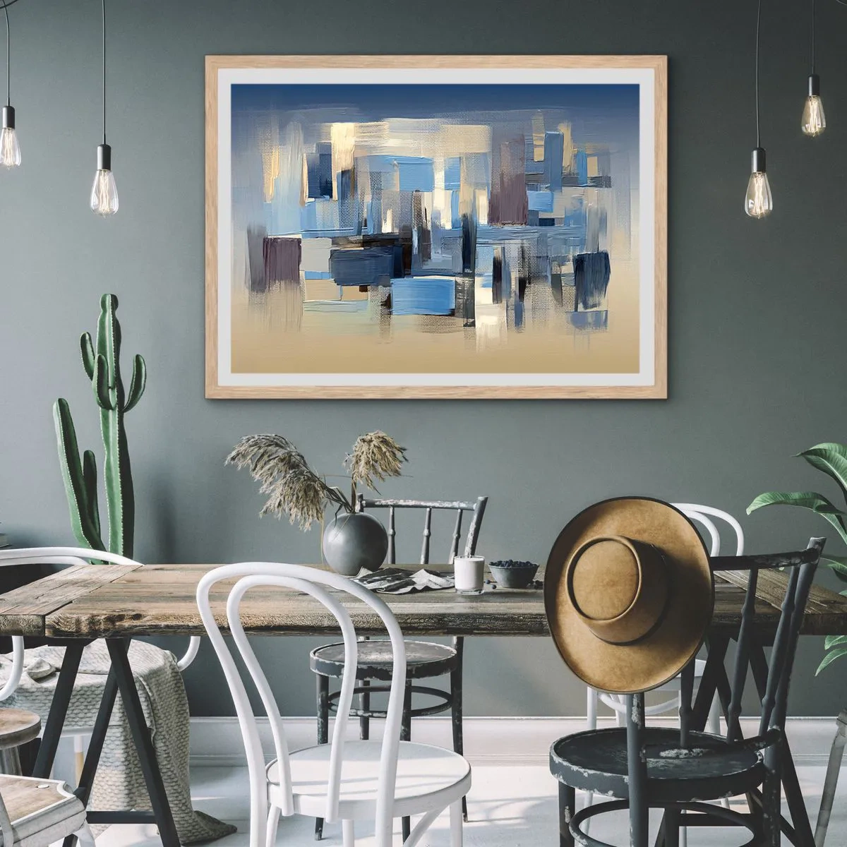 Affiche dans un chêne clair - Poster - Construction bleue - 50x40 cm