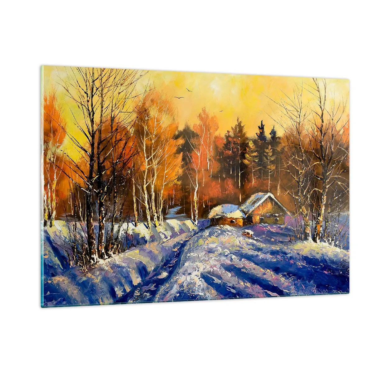 Impression sur verre - Image sur verre - Paysage d'hiver avec un chalet en bois au coucher du soleil - 120x80cm - Impression d'hiver au soleil - Décoration murale moderne pour le salon et la chambre ARTTOR