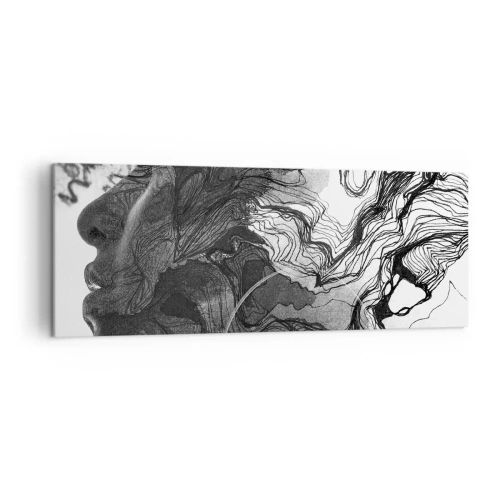 Impression sur toile - Image sur toile - Visage abstrait en noir et blanc avec des lignes dynamiques. - 140x50cm - Emmêlé dans les rêves - Décoration murale moderne pour le salon et la chambre ARTTOR