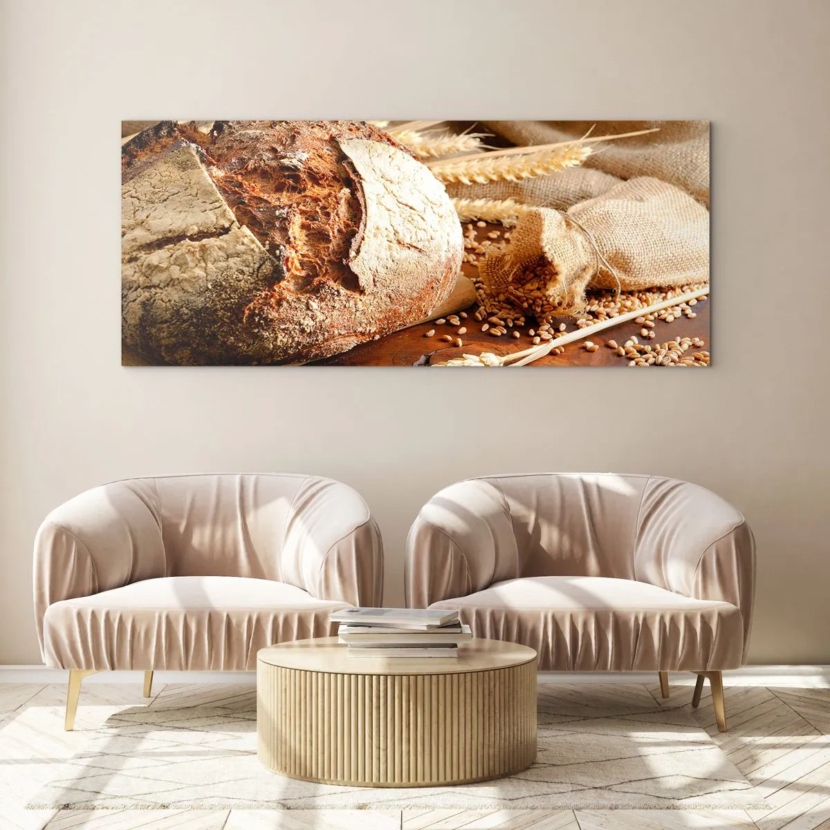 Impression sur verre - Image sur verre - Pain croustillant aux céréales et aux épis de blé sur fond de bois - 160x50cm - Appétissant, parfumé, croquant - Décoration murale moderne pour le salon et la chambre ARTTOR