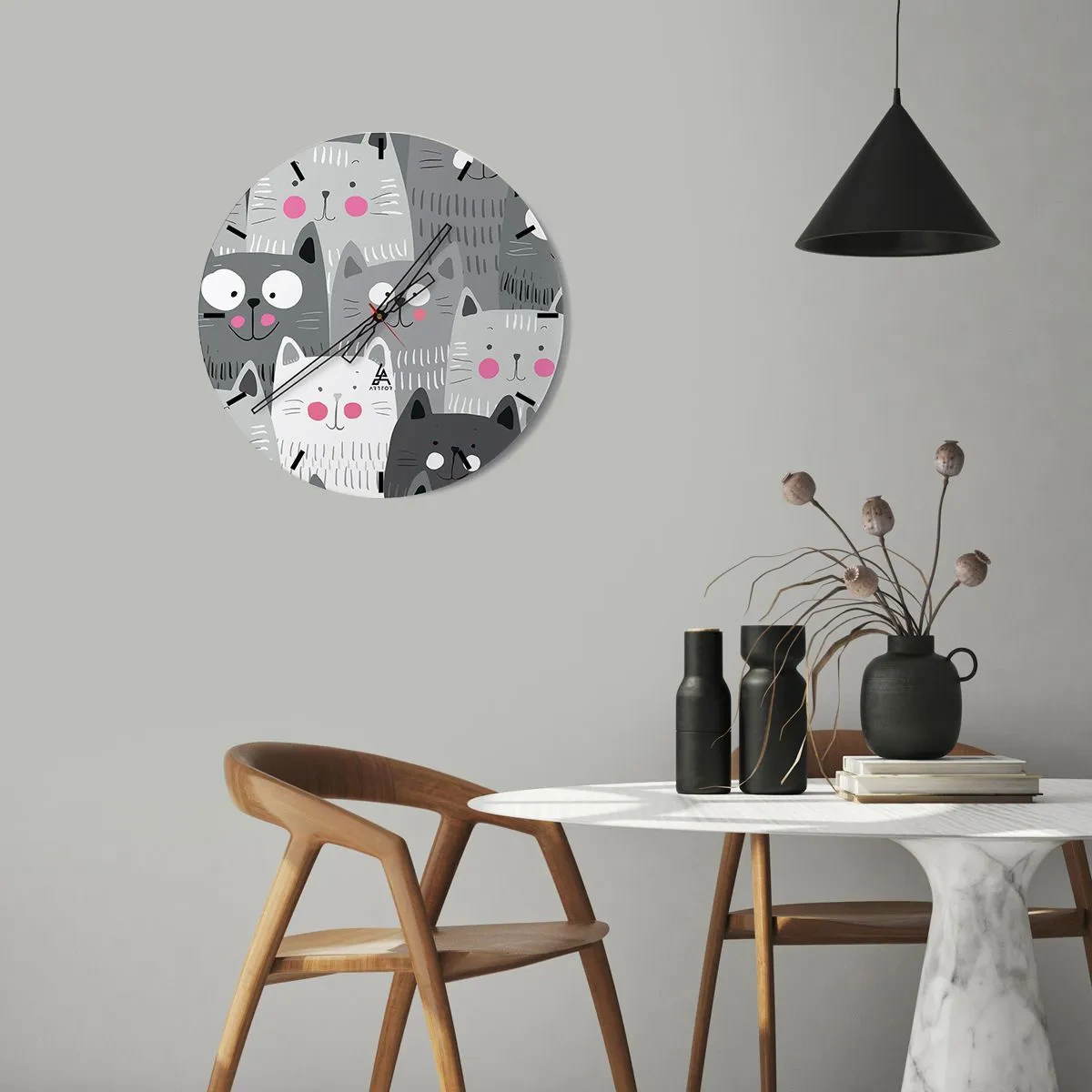 Horloge murale - Pendule murale - Chats gris et blancs dans un style illustratif - 30x30cm - Le monde des chats - Décoration murale moderne pour le salon, la cuisine et la chambre ARTTOR