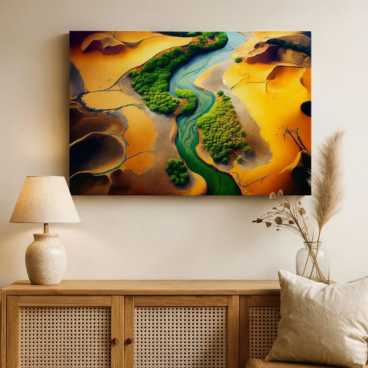 Impression sur toile - Image sur toile - Une rivière verte entourée de sable doré et de végétation - 70x50cm - Rivière vivifiante - Décoration murale moderne pour le salon et la chambre ARTTOR