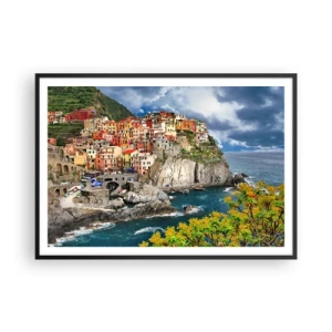 Affiche dans un cadre noir - Poster - Maisons colorées sur une falaise surplombant la mer aux Cinque Terre - 100x70cm - Un groupe embrassant les rochers - Décoration murale moderne pour le salon et la chambre ARTTOR